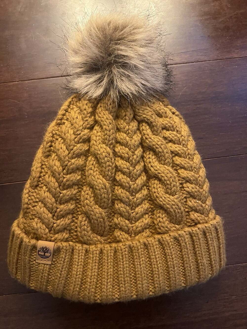 Timberland Mustard Yellow Cable Knit Beanie Faux Fur Pom Pom Winter Hat